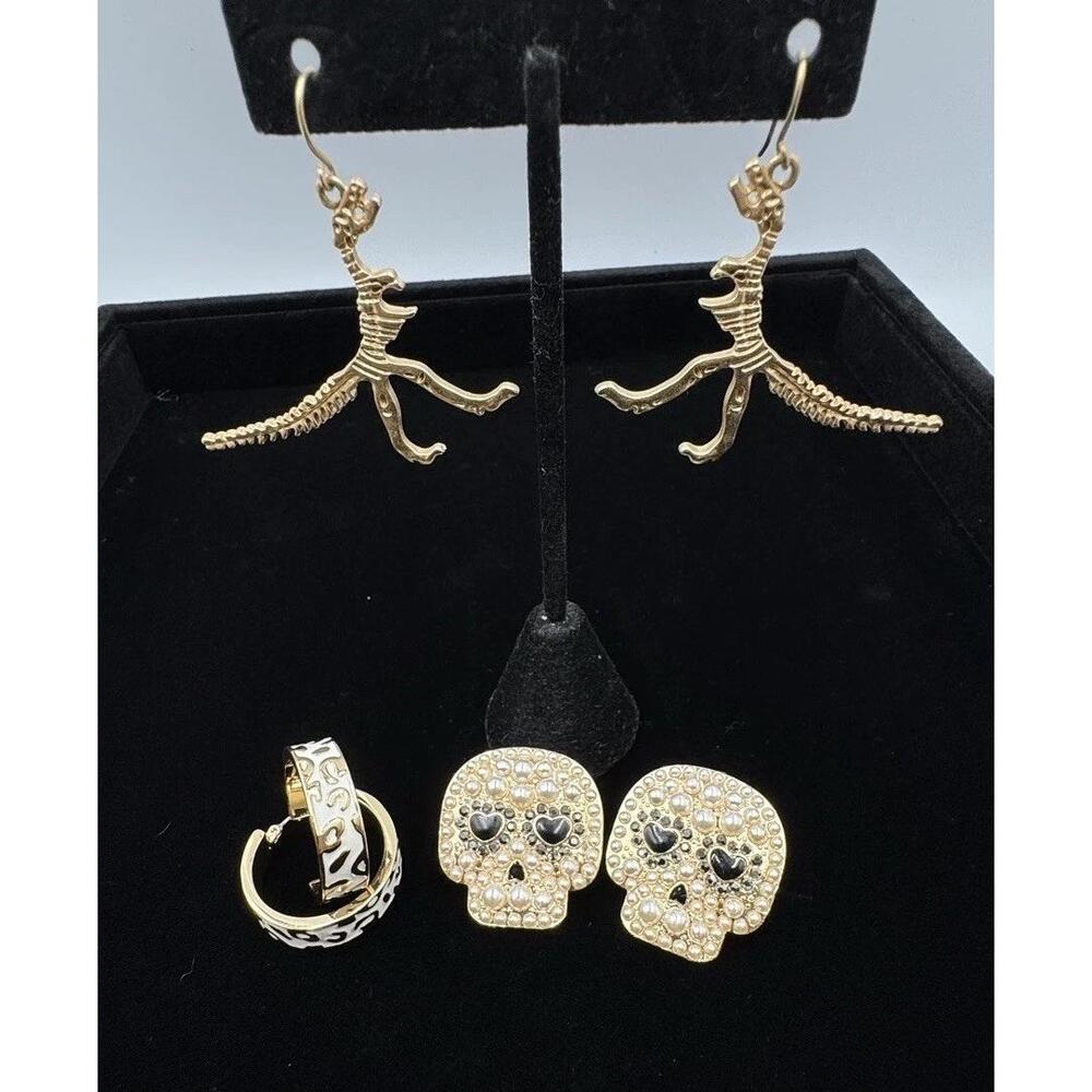 Gold Tone Earring Lot Of‎ 3 Sugar Skull Dinosaur Animal Print Dangle Hoop Stud